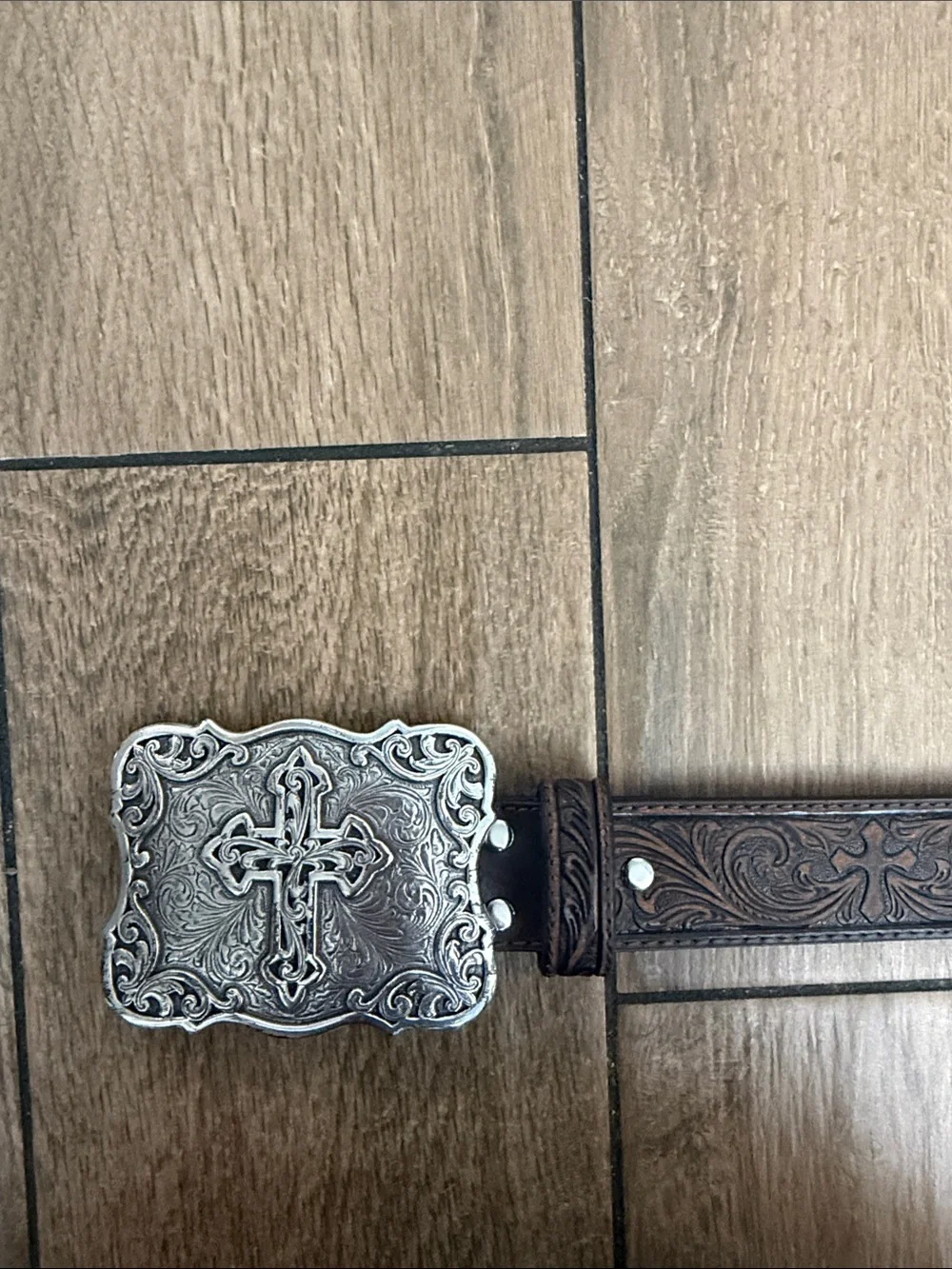 Nocona Belt Co. Brown Leather Western Belt With Cross Design & Silver Buckle